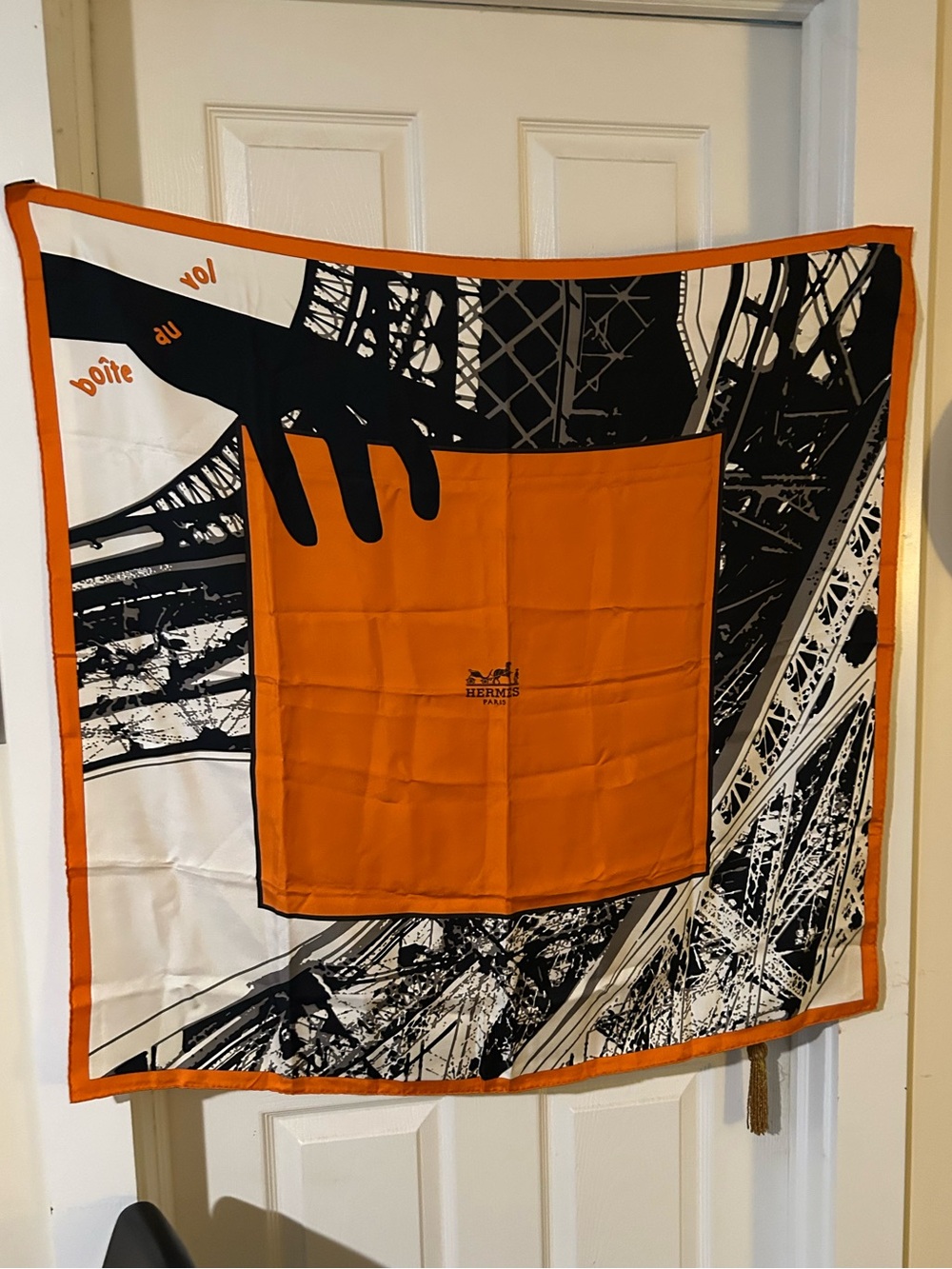Hermès Orange Silk Scarf with Black Logo Motif